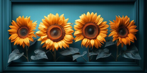 Wall Mural - Vibrant Sunflowers in a Blue Frame