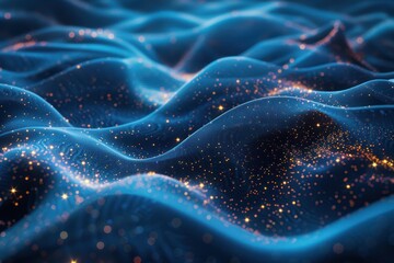 Poster - A digital render of a wavy blue surface with glittering gold sparkles