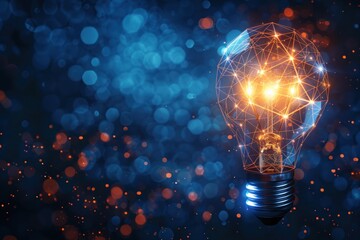 Poster - A light bulb glows brightly against a dark blue background with bokeh