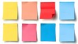 © Radiant Art - 8 colorful sticky notes stuck to a white wall. copy space on blank sticky notes for text