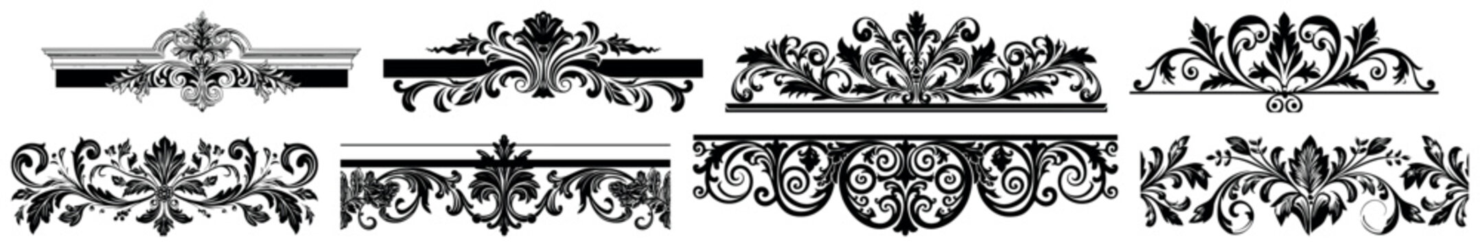 Hand drawn divider set vintage style. Calligraphic design elements, page dividers with thai ornament. Collection black floral decorative element. Damask graphic ornament. Classic swirls floral motifs