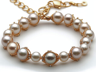 Wall Mural - A gold and white pearl bracelet with a gold chain. The bracelet is made of pearls and has a gold clasp