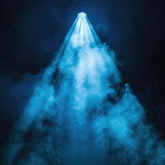 Poster - A focused beam of blue light illuminating through a cloud of smoke on a dark backdrop, emulating a theatrical stage effect. 