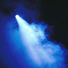 a focused beam of blue light illuminating through a cloud of smoke on a dark backdrop, emulating a t