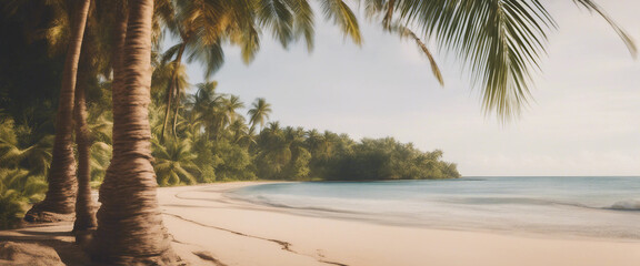 Sticker - Tropical beach scene with palm tree border against the backdrop Copy space image available