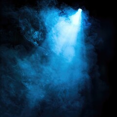 Poster - A vivid blue spotlight piercing through a haze of smoke on a black background, casting a mystical and captivating ambiance. 