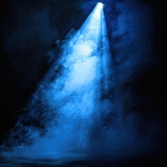 Poster - A vivid blue spotlight piercing through a haze of smoke on a black background, casting a mystical and captivating ambiance. 