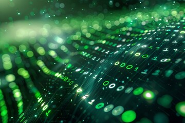 Green dark binary code data streaming background created with Generative AI