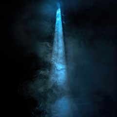 Poster - A narrow beam of blue light cutting through a cloud of smoke, providing an eerie, otherworldly effect on a black background. 