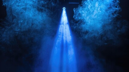 Poster - A vivid blue spotlight piercing through a haze of smoke on a black background, casting a mystical and captivating ambiance. 