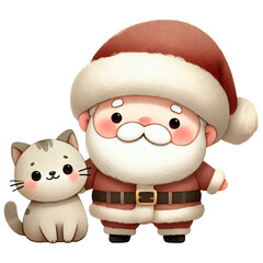 Wall Mural - Watercolor style Santa Claus with white beard and red hat standing next to cute cat in beige theme for Christmas clipart with transparent background