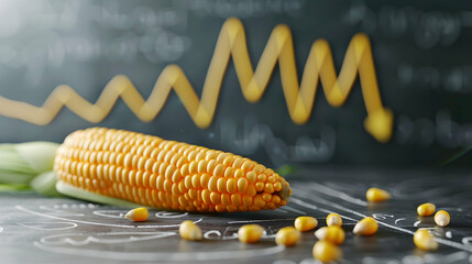 Poster - 3d flat icon: blackboard with corn cob and downward line on whimsical background decrease in corn co