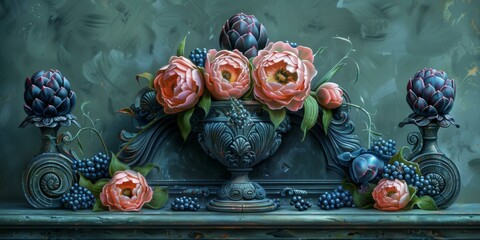 Wall Mural - Floral Still Life with Pink and Blue Flowers, Grapes, and Peonies in a Vase