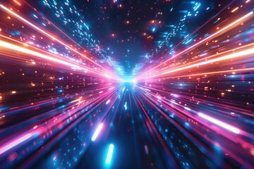 Poster - A vibrant abstract image of a tunnel filled with bright, neon lights, representing the rapid speed of digital data
