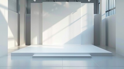 Poster - A blank booth system with an elevated platform and backdrop wall, providing a focal point for graphic displays. 