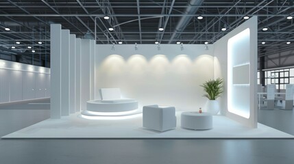 Poster - A blank booth system with an elevated platform and backdrop wall, providing a focal point for graphic displays.