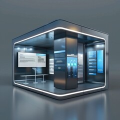 Poster - A 3D render of a blank booth system with interactive elements, such as touch screens or digital displays. 