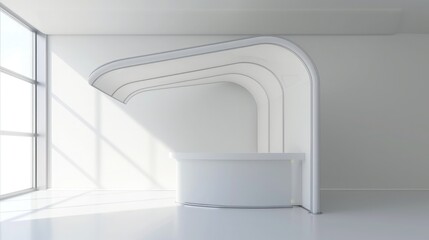 Poster - A 3D render of a blank booth system featuring a simple, open design with white walls and a smooth, curved canopy.