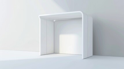 Poster - A 3D render of a blank booth system featuring a simple, open design with white walls and a smooth, curved canopy. 