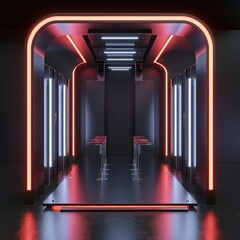 Poster - A 3D render of a blank booth system with a futuristic, high-tech design, featuring LED lights and sleek surfaces.