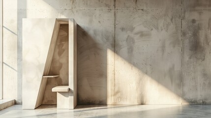 Poster - A blank booth system in a geometric shape, with sharp angles and a neutral color palette for a contemporary aesthetic.