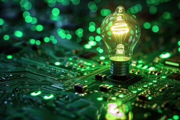 Poster - A light bulb sits on a circuit board with green lights in the background