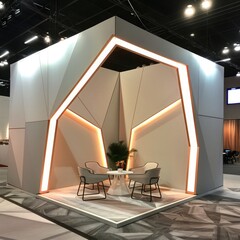 Poster - A blank booth system in a geometric shape, with sharp angles and a neutral color palette for a contemporary aesthetic.