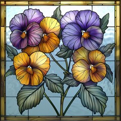 Wall Mural - Stained Glass Flower Painting of Yellow and Purple Irises