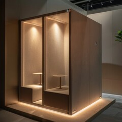 Poster - A blank booth system in a minimalist style, with a clean, uncluttered design and soft, ambient lighting. 