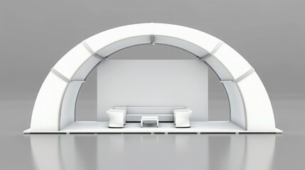 Poster - A blank booth system with an arching structure, providing an inviting space for displaying graphics or promotional materials. 