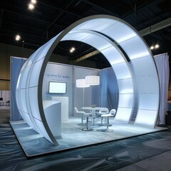 Aufkleber - A blank booth system with an arching structure, providing an inviting space for displaying graphics or promotional materials. 