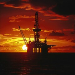 Poster - An offshore oil rig with the sun setting behind it, creating a silhouette effect against the dusky sky. 