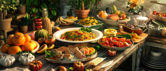 A vibrant assortment of fresh and colorful dishes, fruits, and vegetables beautifully arranged on a table, celebrating the abundance of a bountiful harvest.