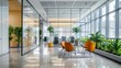 © wannakorn - Modern Office Lobby Interior with Glass Walls and Orange Chairs.