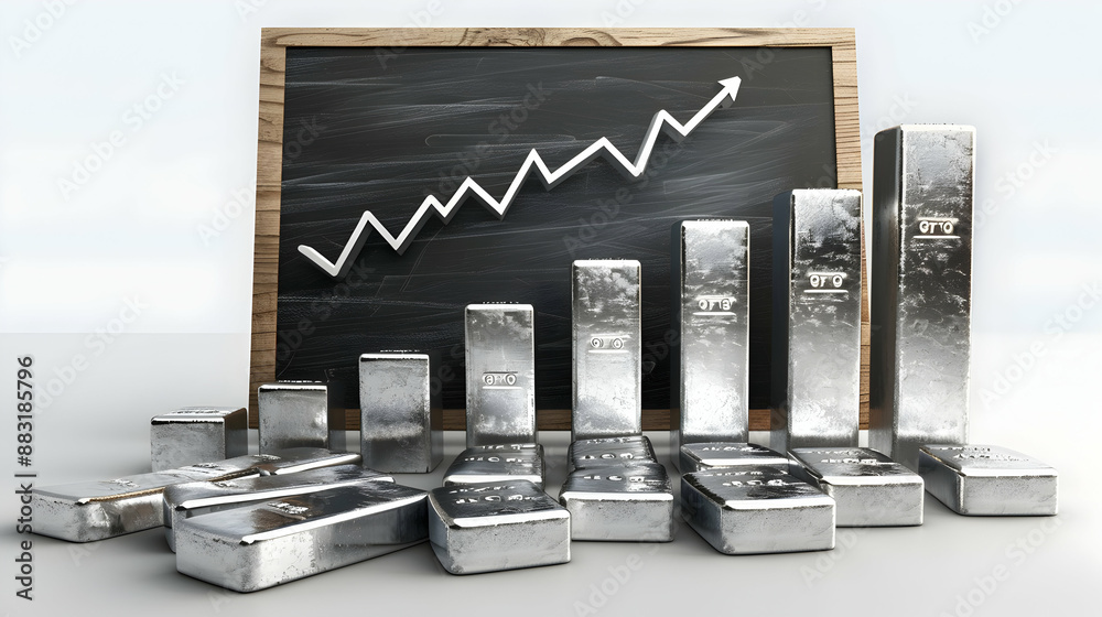 3D Flat Icon: Blackboard with Silver Bars and Upward Trend Concept on ...