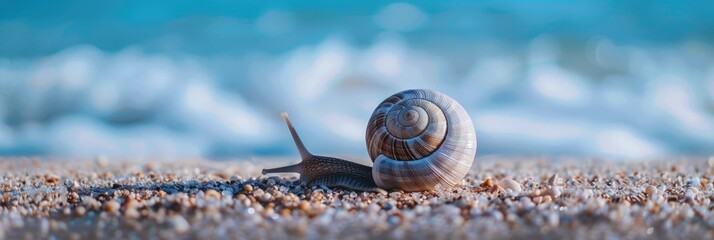 Wall Mural - Close up of beautiful sea snail on the beach with blue ocean background.