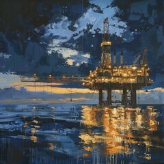 Poster - An oil rig at dusk, with the horizon line blending with the twilight sky and the platform lights casting reflections on the water. 