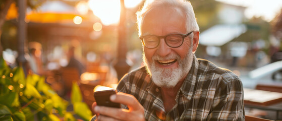 An elderly man gleefully looks at his phone in a sunny outdoor café, radiating joy and connection.