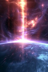 Wall Mural - a stunning cinematic establishing shot from the orbit of earth as a civilization ending electrified cosmic environment unfolds of high energy electrical events caused by plasma and electromagnetism, c