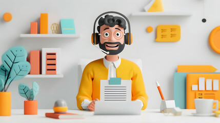 Poster - 3d flat icon: customer support agent with headset and computer on whimsical background for customer 