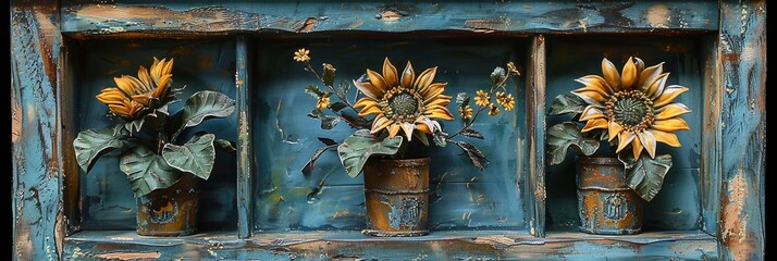 Wall Mural - Vibrant Sunflower Artwork in Blue and Green Frame