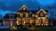 © Abdul - Suburban Colonial home with an elaborate outdoor lighting setup that highlights the architectural features of the house at night