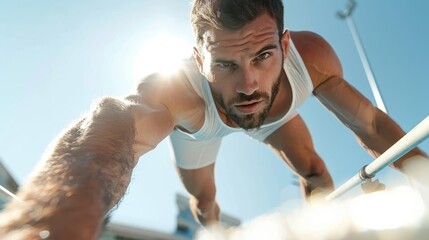 An athletic man outdoors performs push-ups under bright sun, displaying a high level of physical fitness, determination, and intense focus, embodying the essence of athletic training.