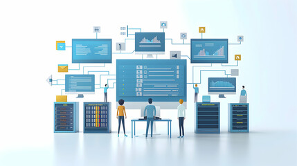 Poster - dreamy 3d flat icon: it team with servers and monitors | it management and business teamwork concept