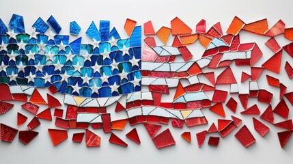 Abstract American flag in a stained glass style, with fragmented pieces of red, white, and blue glass arranged in a dynamic and colorful pattern