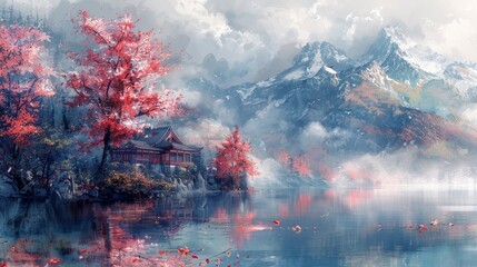 Wall Mural - There are clouds and mist, and the spring scenery is beautiful
