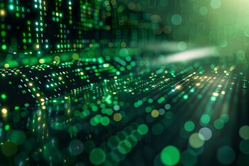 Green dark binary code data streaming background created with Generative AI