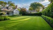 © Abdul - Suburban Colonial home with a lush, green lawn perfect for croquet, bordered by a neatly trimmed boxwood hedge