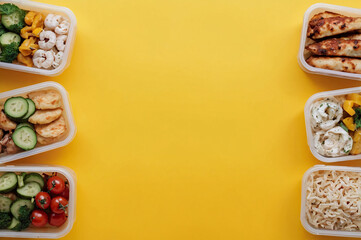 Many containers with delicious food on yellow background