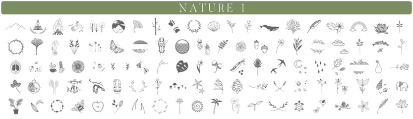 Wall Mural - 150 Handdrawn nature elements, Doodle illustrations, Animals, Botanical, Floral, Drawing, Illustration, Set, Collection